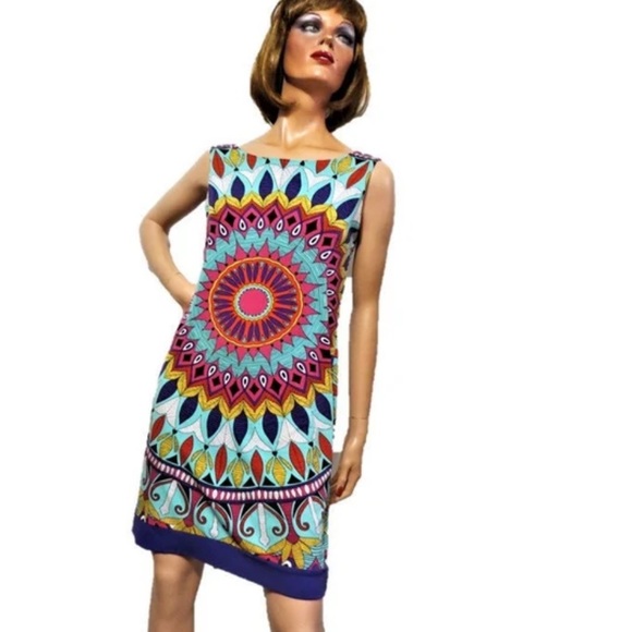NICOLE MILLER Teal & Purple Multicolor Mandala Print Sleeveless Dress L NWOT - Picture 1 of 10